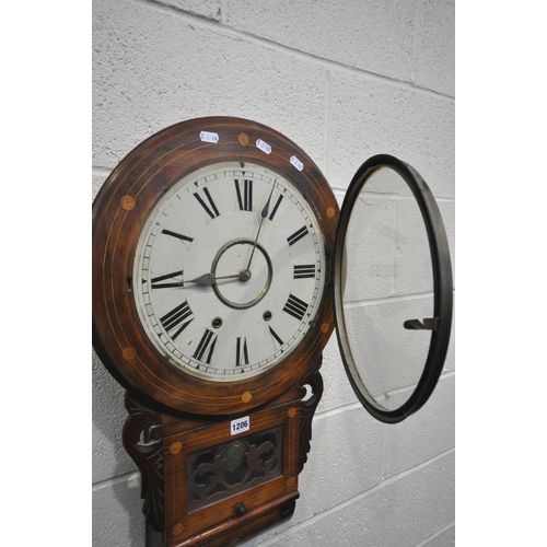 1206 - A 19TH CENTURY WALNUT AND INLAID DROP DIAL WALL CLOCK. with an 11 inch enamel dial, depicting Roman ... 