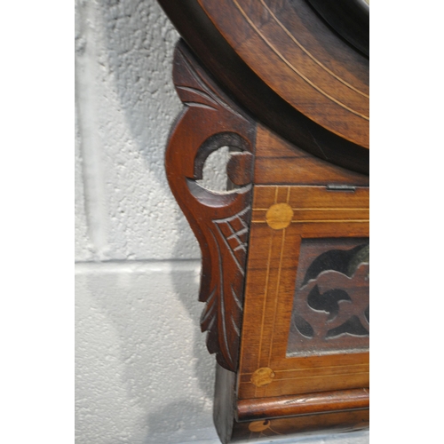 1206 - A 19TH CENTURY WALNUT AND INLAID DROP DIAL WALL CLOCK. with an 11 inch enamel dial, depicting Roman ... 