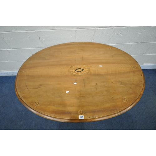 1207 - A 19TH CENTURY WALNUT AND INLAID OVAL TILT TOP LOO TABLE, on a bulbous turned support and four splay... 