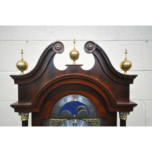 1212 - A 20TH CENTURY MAHOGANY LONGCASE CLOCK, with twin swan neck pediment, three brass finials, two Corin... 