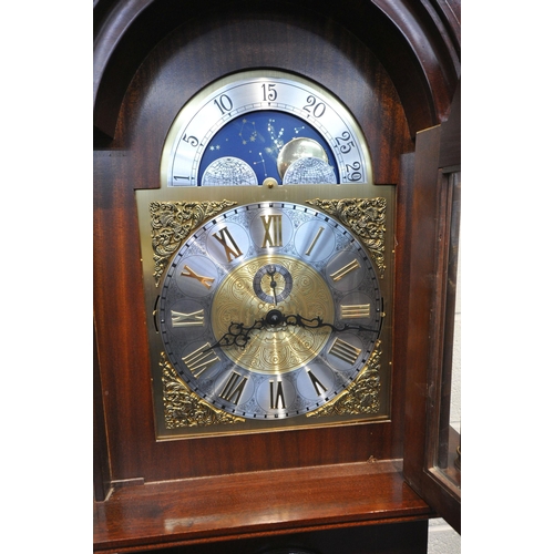 1212 - A 20TH CENTURY MAHOGANY LONGCASE CLOCK, with twin swan neck pediment, three brass finials, two Corin... 