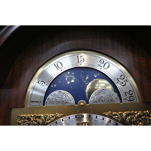 1212 - A 20TH CENTURY MAHOGANY LONGCASE CLOCK, with twin swan neck pediment, three brass finials, two Corin... 