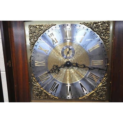 1212 - A 20TH CENTURY MAHOGANY LONGCASE CLOCK, with twin swan neck pediment, three brass finials, two Corin... 