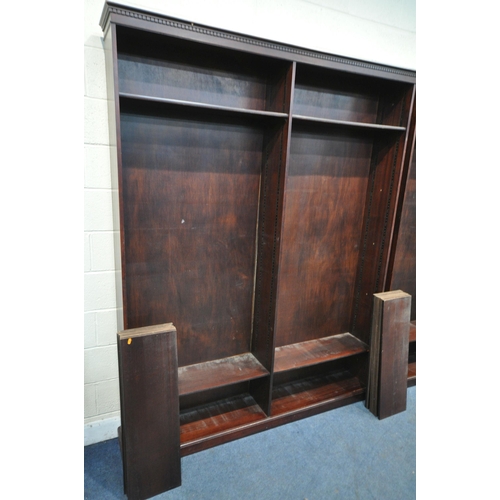 1221 - A PAIR OF VERY LARGE MAHOGANY OPEN BOOKCASES, each fitted with four fixed shelves, along with ninete... 