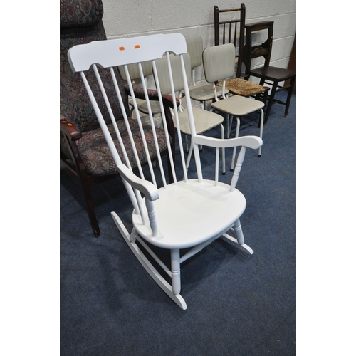 1224 - A VARIETY OF CHAIRS, to include a white painted rocking armchair, a mahogany framed armchair, four m... 