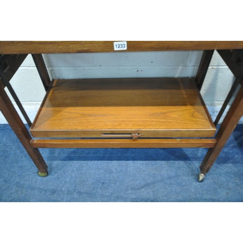 1233 - A MID CENTURY TEAK TWO TIER METAMORPHIC TEA TROLLEY, width 81cm x open depth 71cm x closed depth 38c... 