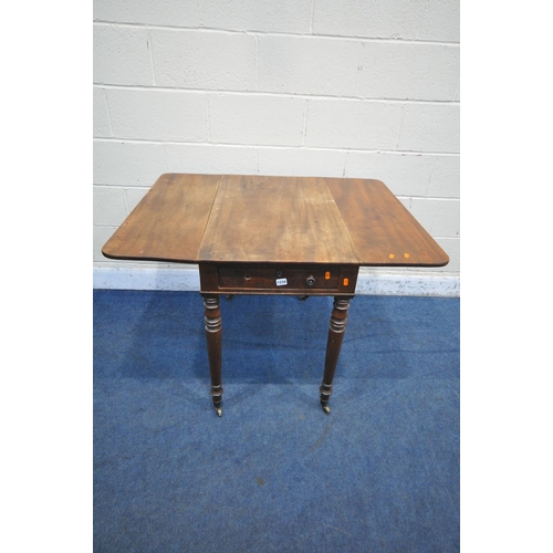 1234 - A VICTORIAN MAHOGANY DROP LEAF PEMBROKE TABLE, with a single frieze drawers and single dummy drawer,... 