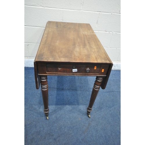 1234 - A VICTORIAN MAHOGANY DROP LEAF PEMBROKE TABLE, with a single frieze drawers and single dummy drawer,... 