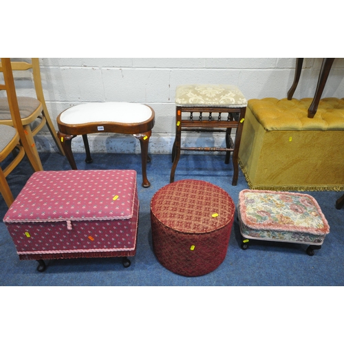 1245 - A SELECTION OF VARIOUS CHAIRS AND STOOLS, to include a gold buttoned ottoman, an Edwardian stool, pa... 