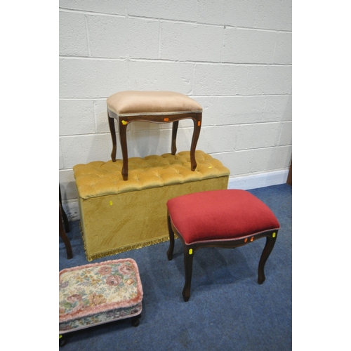 1245 - A SELECTION OF VARIOUS CHAIRS AND STOOLS, to include a gold buttoned ottoman, an Edwardian stool, pa... 