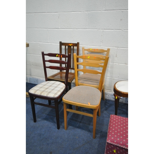 1245 - A SELECTION OF VARIOUS CHAIRS AND STOOLS, to include a gold buttoned ottoman, an Edwardian stool, pa... 