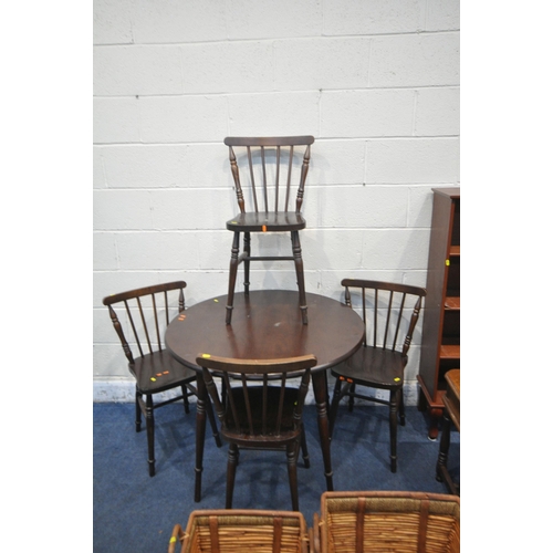 1246 - A STAINED OAK CIRCULAR KITCHEN TABLE, diameter 90cm x height 74cm, four chairs, an open bookcase, la... 