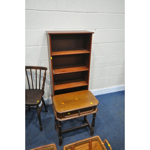 1246 - A STAINED OAK CIRCULAR KITCHEN TABLE, diameter 90cm x height 74cm, four chairs, an open bookcase, la... 