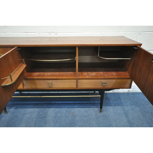 1250 - A MID CENTURY MILWOOD TEAK SIDEBOARD, with an arrangement of three drawers and three cupboard doors,... 