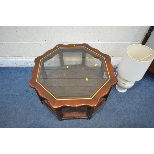 1253 - A MODERN MAHOGANY OCTAGONAL COFFEE TABLE, with a glass insert, diameter 80cm x height 39cm, an Itali... 