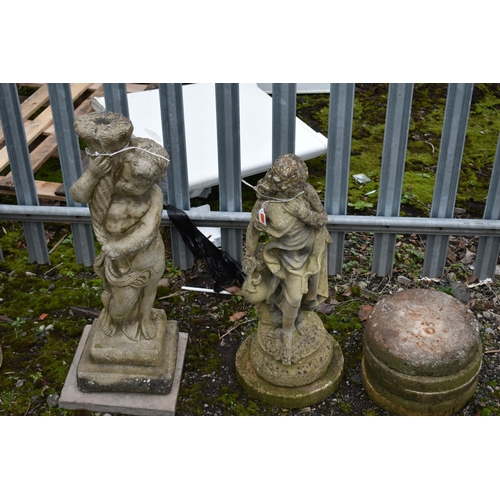 1007 - A WEATHERED COMPOSITE GARDEN FIGURE OF A LADY IN FLOWING ROBES, height 68cm, and a cherub garden fig... 