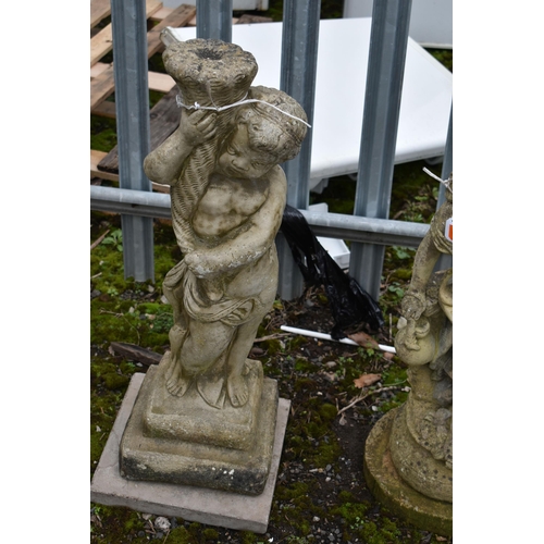 1007 - A WEATHERED COMPOSITE GARDEN FIGURE OF A LADY IN FLOWING ROBES, height 68cm, and a cherub garden fig... 