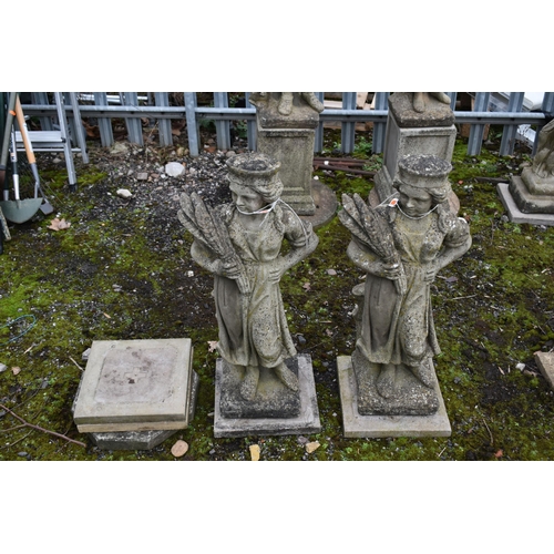 1010 - TWO WEATHERED GARDEN FIGURES, of two ladies, max height 78cm, and three spare paving tiles (conditio... 