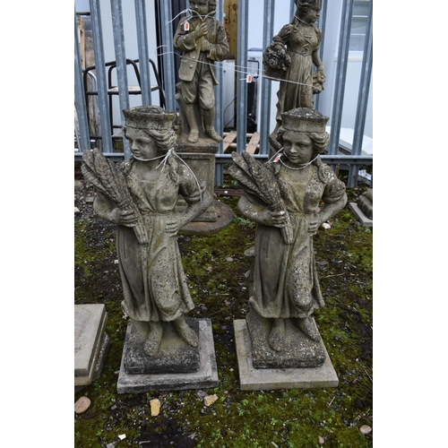 1010 - TWO WEATHERED GARDEN FIGURES, of two ladies, max height 78cm, and three spare paving tiles (conditio... 