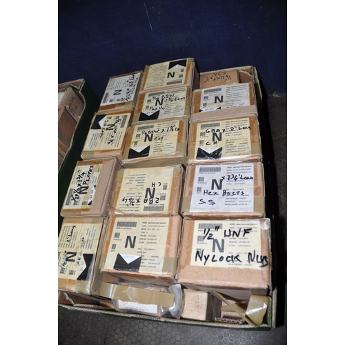 1052 - TWO TRAYS CONTAINING FULL AND PARTIAL BOXES OF BSF, BSW, UNF AND BA NUTS AND BOLTS (see pics for det... 