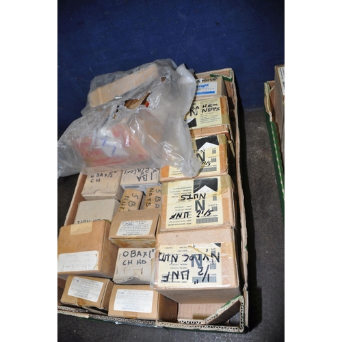 1052 - TWO TRAYS CONTAINING FULL AND PARTIAL BOXES OF BSF, BSW, UNF AND BA NUTS AND BOLTS (see pics for det... 