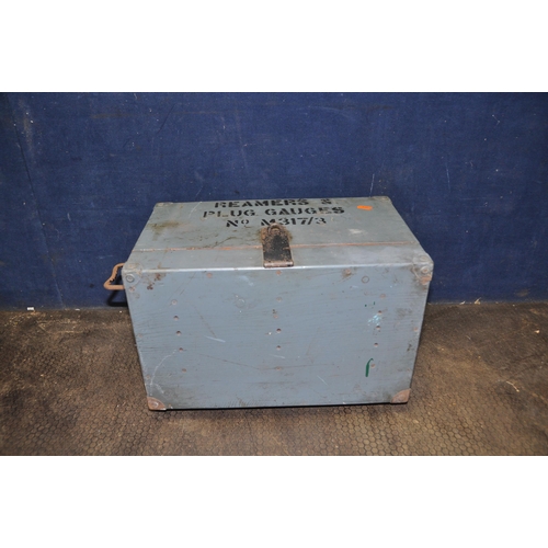 1058 - A MILITARY WOODEN TOOL CHEST marked for Reamers and Plug gauges containing round and square bar, nut... 