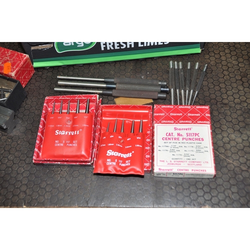 1075 - A TRAY CONTAINING STARRET TOOLING AND MARKING EQUIPMENT including two boxed and cased S117PC centre ... 