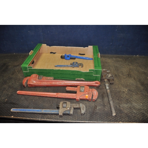 1080 - A TRAY CONTAINING RECORD AND OTHER STILSON PIPE WRENCHES including a Leader 24, a 24, two 18, a 14, ... 