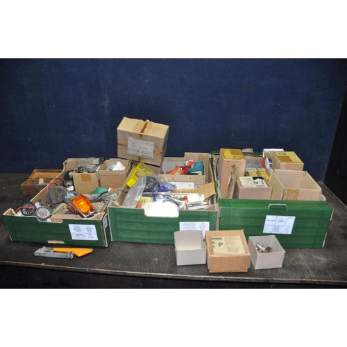 1081 - THREE TRAYS CONTAINING VINTAGE CAR PARTS AND TOOLING including tail lights, a Lucas headlight bulb, ... 