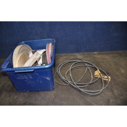 1084 - A BOX CONTAINING MACHINE BELT MATERIALS including 2in and 1 1/2in leather, woven fabric and quilted ... 