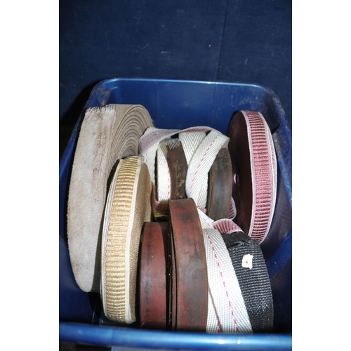 1084 - A BOX CONTAINING MACHINE BELT MATERIALS including 2in and 1 1/2in leather, woven fabric and quilted ... 