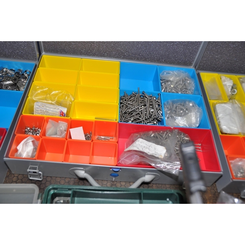 1097 - FOUR METAL AND SIX PLASTIC TRAYS CONTAINING NUTS BOLTS AND WASHERS UNF, BA and metric including set ... 