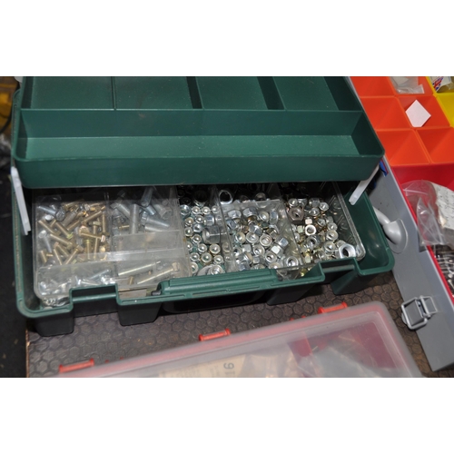 1097 - FOUR METAL AND SIX PLASTIC TRAYS CONTAINING NUTS BOLTS AND WASHERS UNF, BA and metric including set ... 