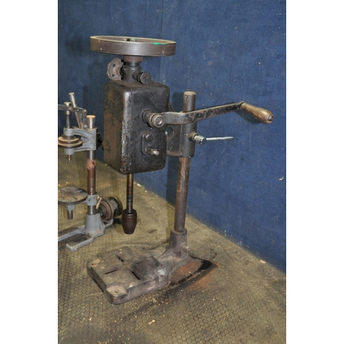 1125 - TWO VINTAGE DRILL PRESSES, the first with a geared hand crank and chuck height 60cm, and a belt driv... 