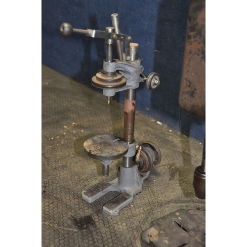 1125 - TWO VINTAGE DRILL PRESSES, the first with a geared hand crank and chuck height 60cm, and a belt driv... 