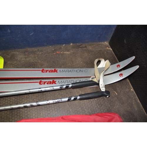 1126 - A PAIR OF VINTAGE TRAK MARATHON-C NOWAX SKI'S 200cm long with boot clips and a pair of poles