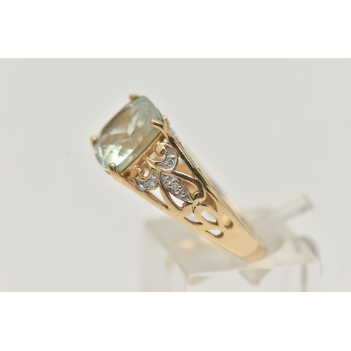 1 - A 9CT GOLD GEM SET RING, designed as a square green gem, assessed as green quartz, in a four claw se... 