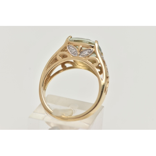 1 - A 9CT GOLD GEM SET RING, designed as a square green gem, assessed as green quartz, in a four claw se... 