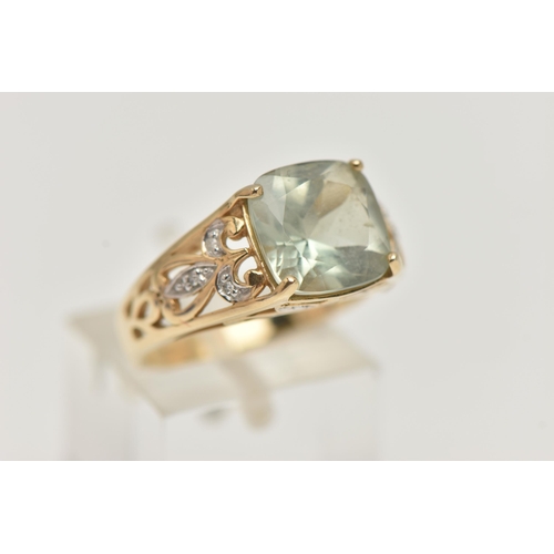 1 - A 9CT GOLD GEM SET RING, designed as a square green gem, assessed as green quartz, in a four claw se... 