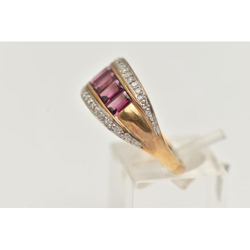 16 - A 9CT GOLD GARNET AND DIAMOND DRESS RING, designed as a central line of rectangular cut garnets to t... 