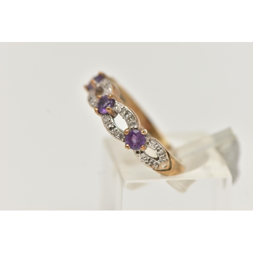 19 - A 9CT GOLD AMETHYST AND DIAMOND RING, set with three raised, circular cut amethysts, claw set to an ... 