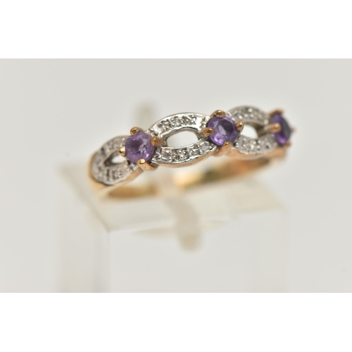 19 - A 9CT GOLD AMETHYST AND DIAMOND RING, set with three raised, circular cut amethysts, claw set to an ... 