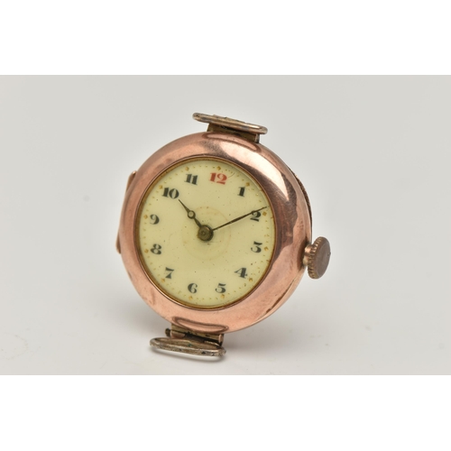 22 - A 9CT GOLD 'ROLEX' WATCH HEAD, an early 20th century, manual wind watch head, round white dial, Arab... 