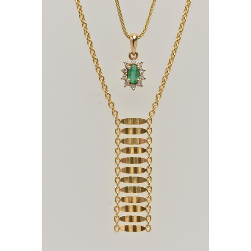 24 - TWO 9CT GOLD PENDANT NECKLACES, the first with a textured style pendant fixed to a Rolo link chain w... 