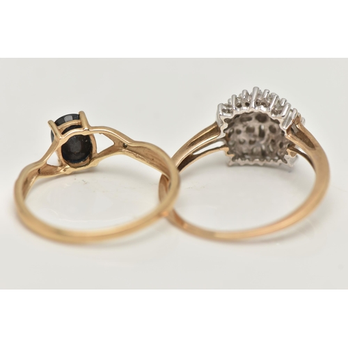 26 - TWO 9CT GOLD GEM SET RINGS, the first a diamond tiered cluster ring, set with round brilliant cut di... 