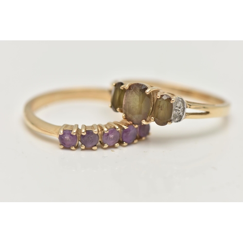 3 - TWO 9CT GOLD GEM SET RINGS, the first a five stone amethyst ring, the second an andalusite and diamo... 