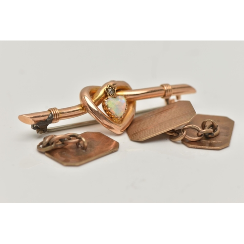 33 - A PAIR OF 9CT GOLD CUFFLINKS, AND A YELLOW METAL BROOCH, AF engine turned pattern chain link cufflin... 