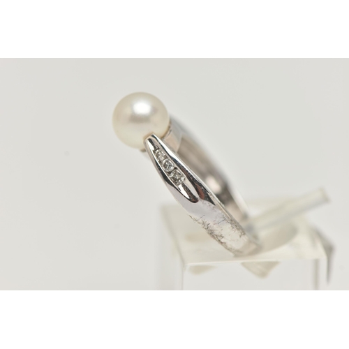 39 - A MODERN 9CT WHITE GOLD CULTURED PEARL AND DIAMOND RING, set with a cultured pearl, measuring approx... 