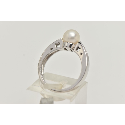 39 - A MODERN 9CT WHITE GOLD CULTURED PEARL AND DIAMOND RING, set with a cultured pearl, measuring approx... 