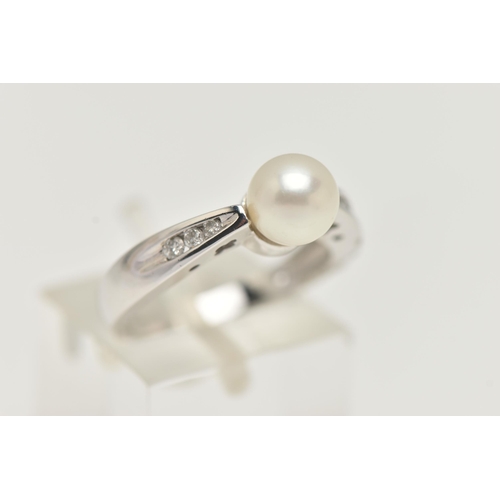 39 - A MODERN 9CT WHITE GOLD CULTURED PEARL AND DIAMOND RING, set with a cultured pearl, measuring approx... 